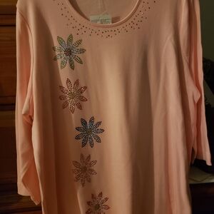 Quacker Factory Pink Floral Embellished Long Sleeve Top